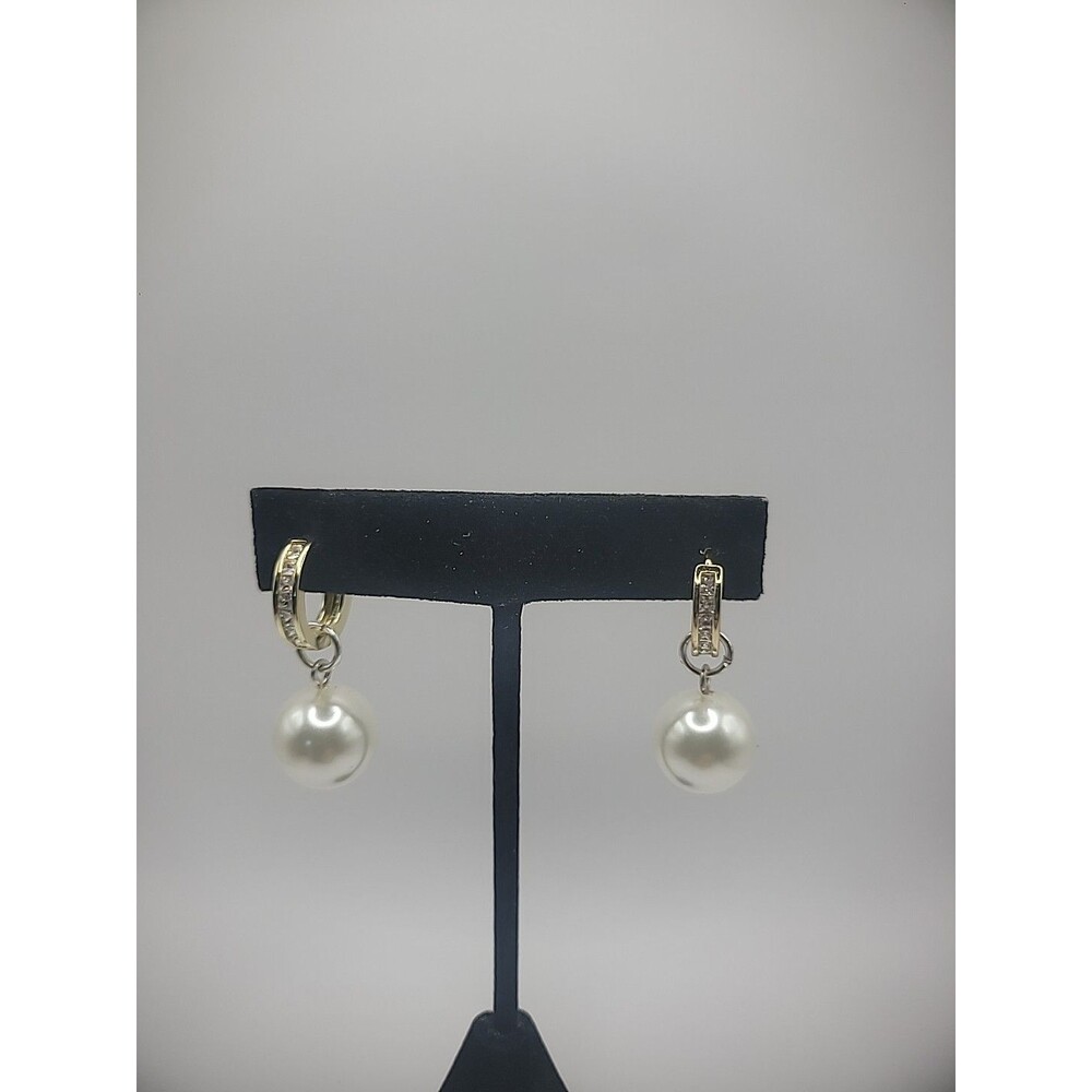 Vintage Earrings Pierced Leverback Hoop White Bead Drop Dangle Jewelry Costume